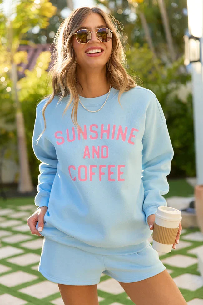 Sunshine And Coffee Light Blue Graphic Sweatshirt
