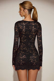 Sheer Scalloped Lace Long Sleeve Mini Dress in Black