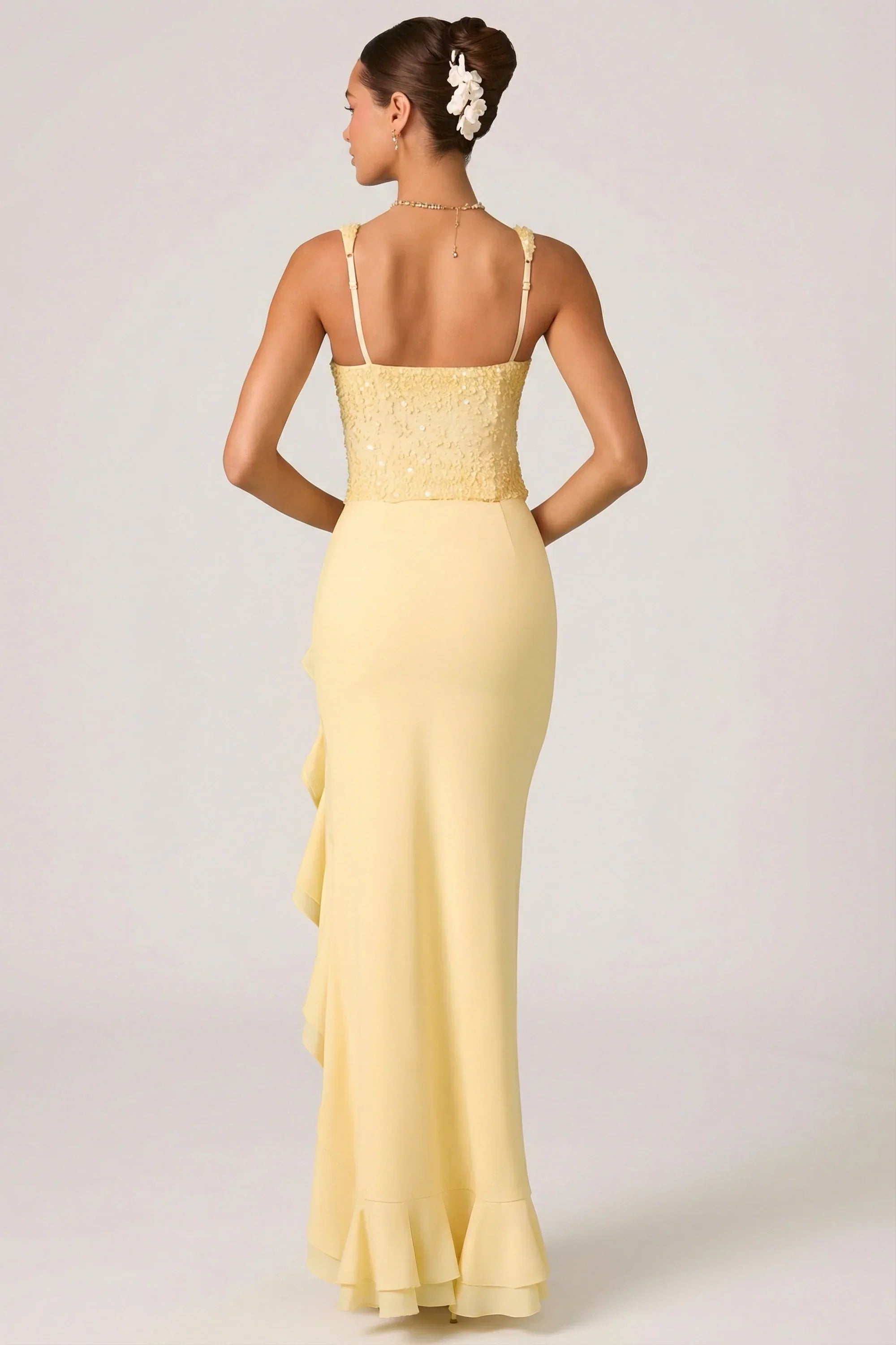 Embellished Ruffle Trim Corset Gown in Yellow