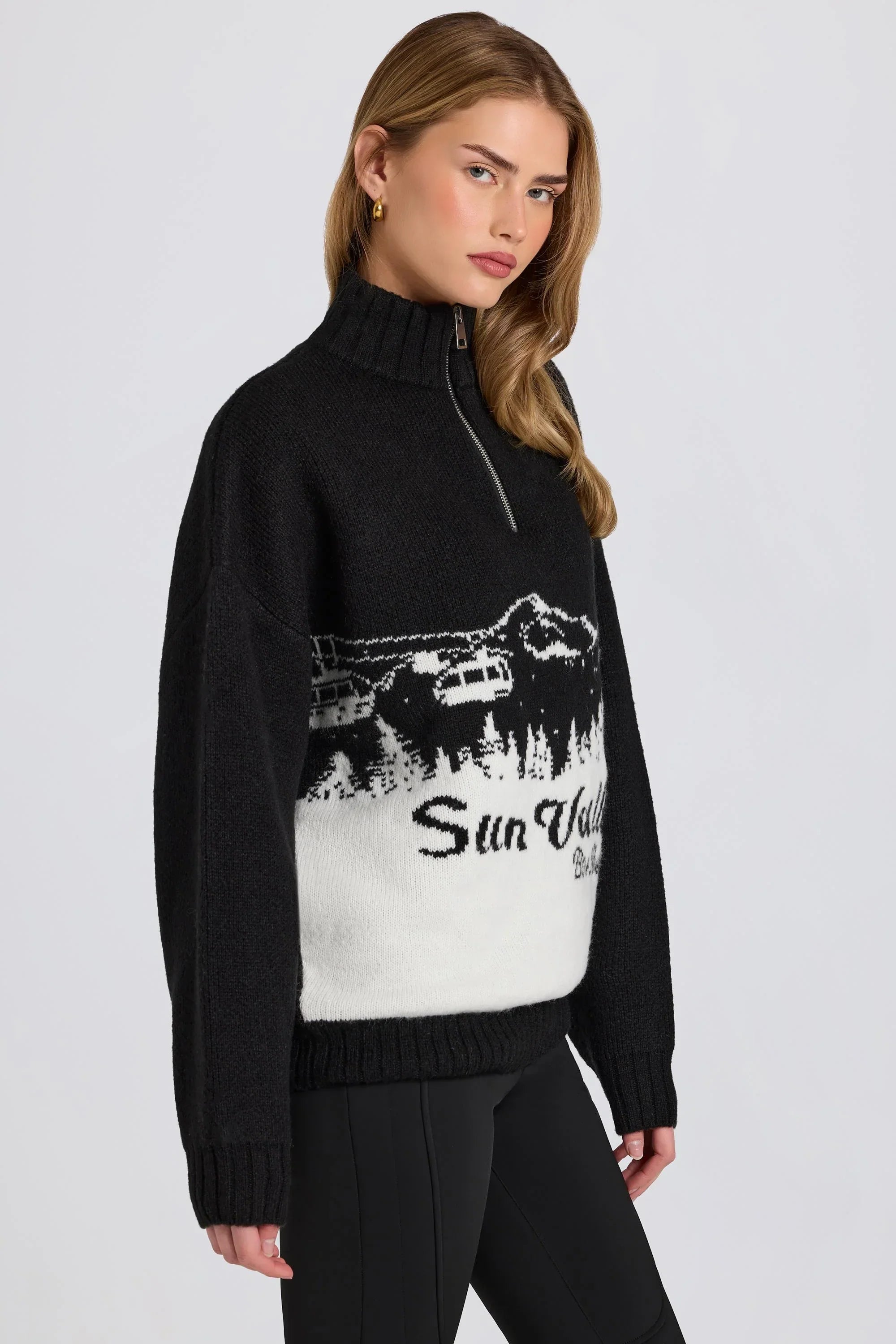 Knit Quarter Zip Turtleneck Oversized Jumper in Black