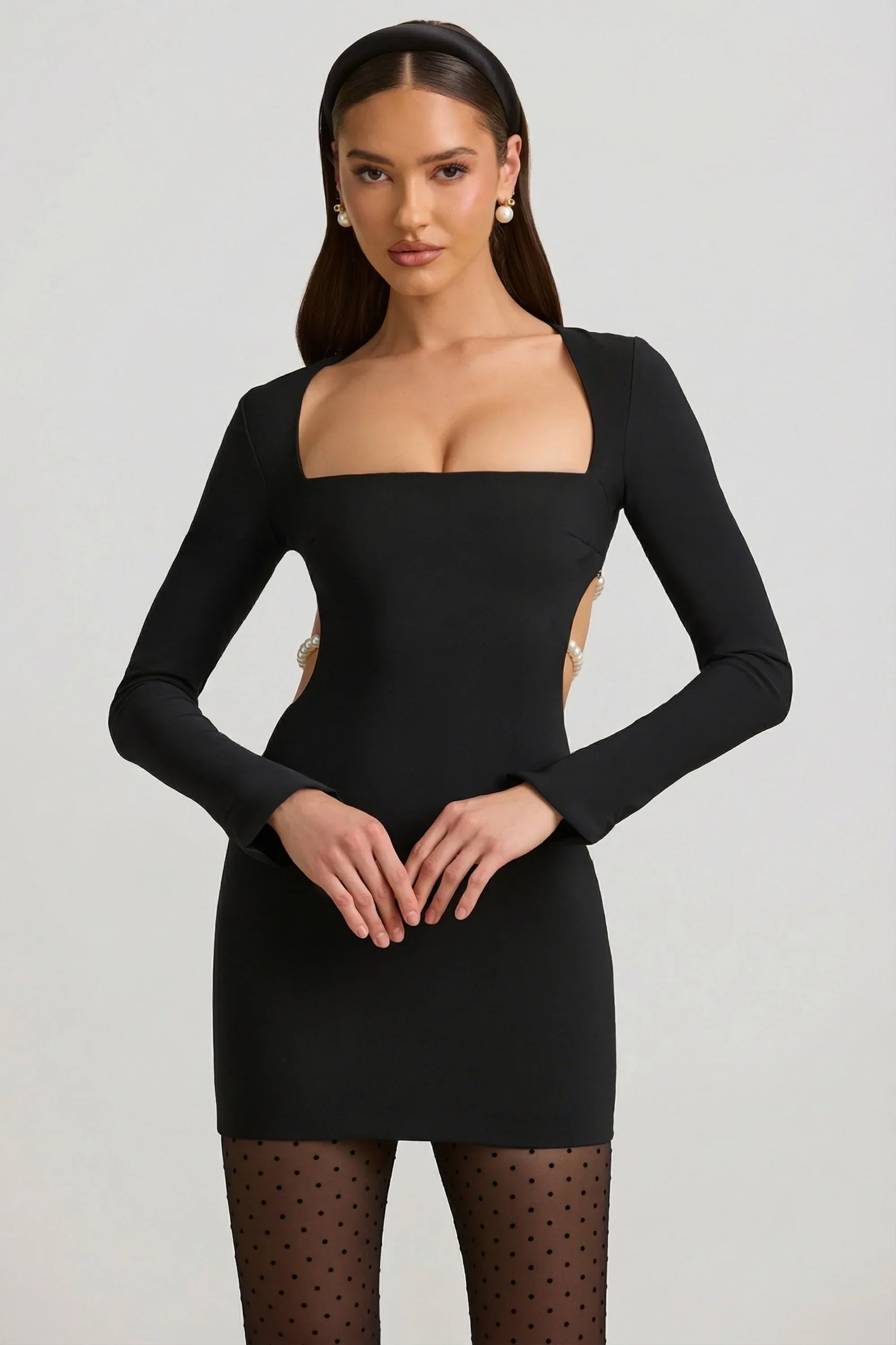 Pearl Detail Cut Out Mini Dress in Black