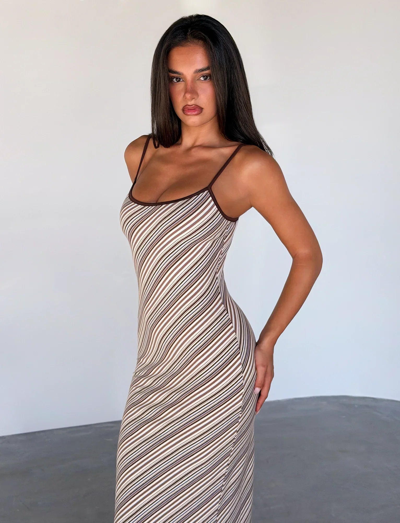 SLOANE MAXI DRESS TAN AND CHOC STRIPE