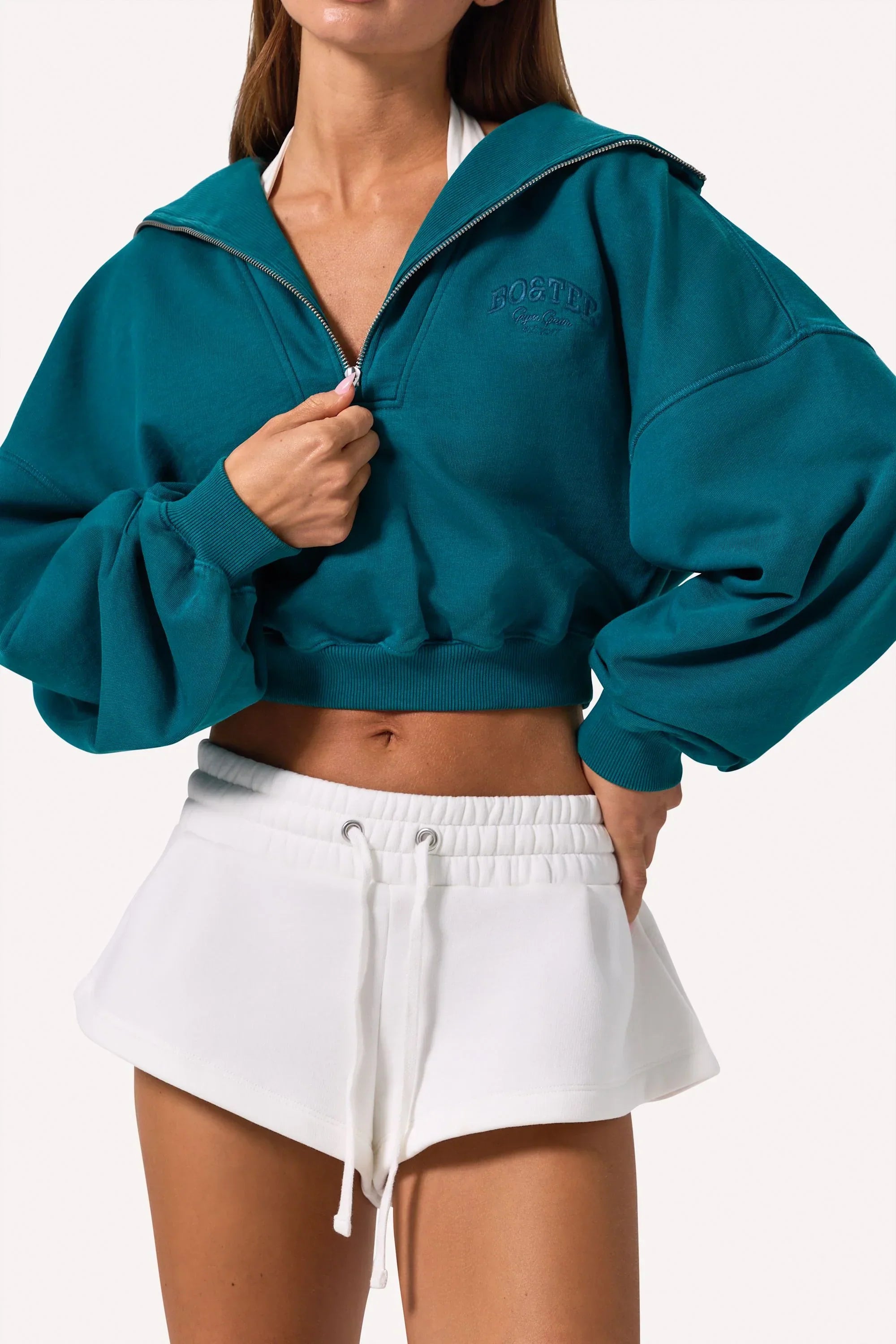 Quarter Zip Cropped Sweatshirt in Teal