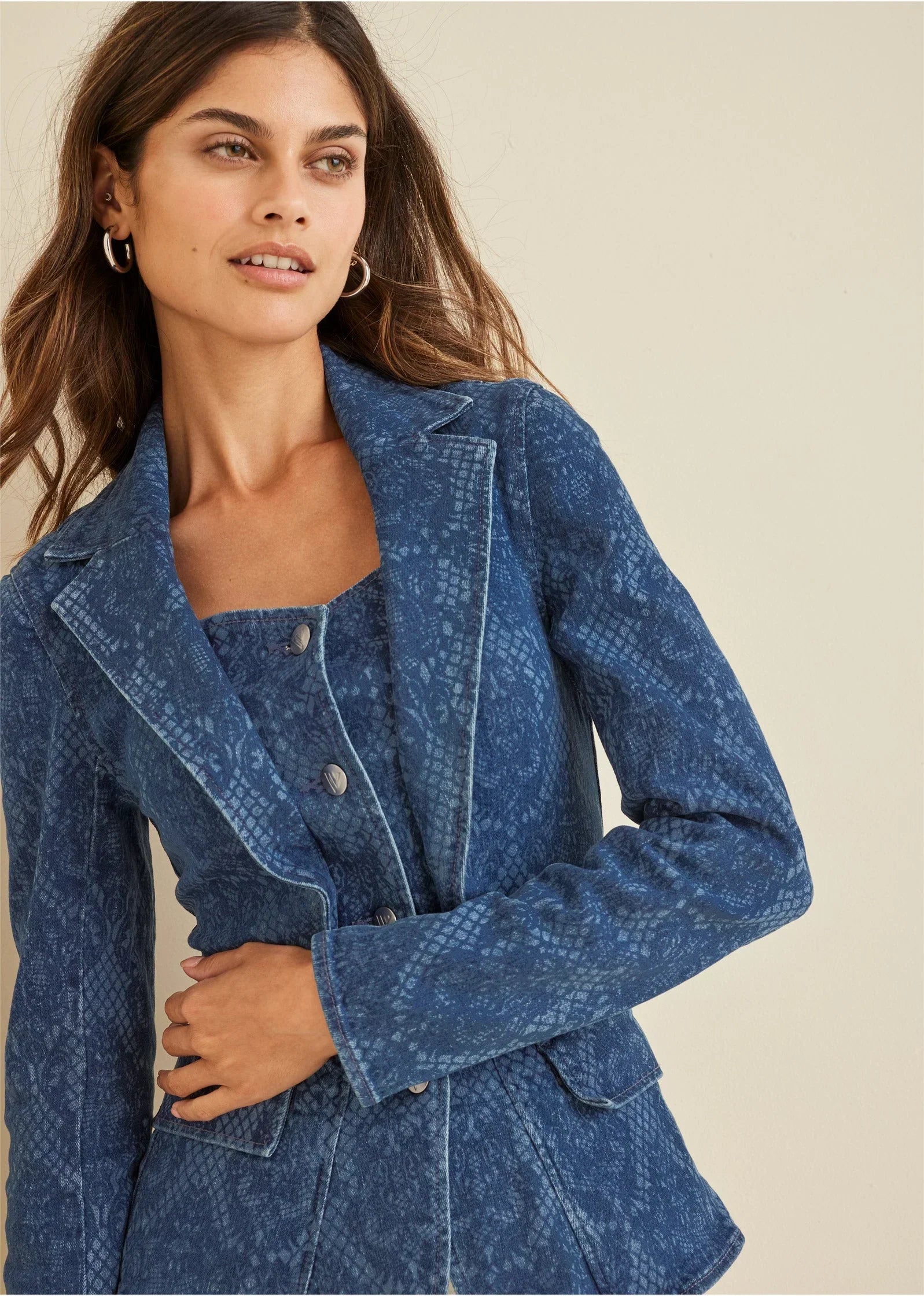 Lace Print Denim Blazer Medium Wash