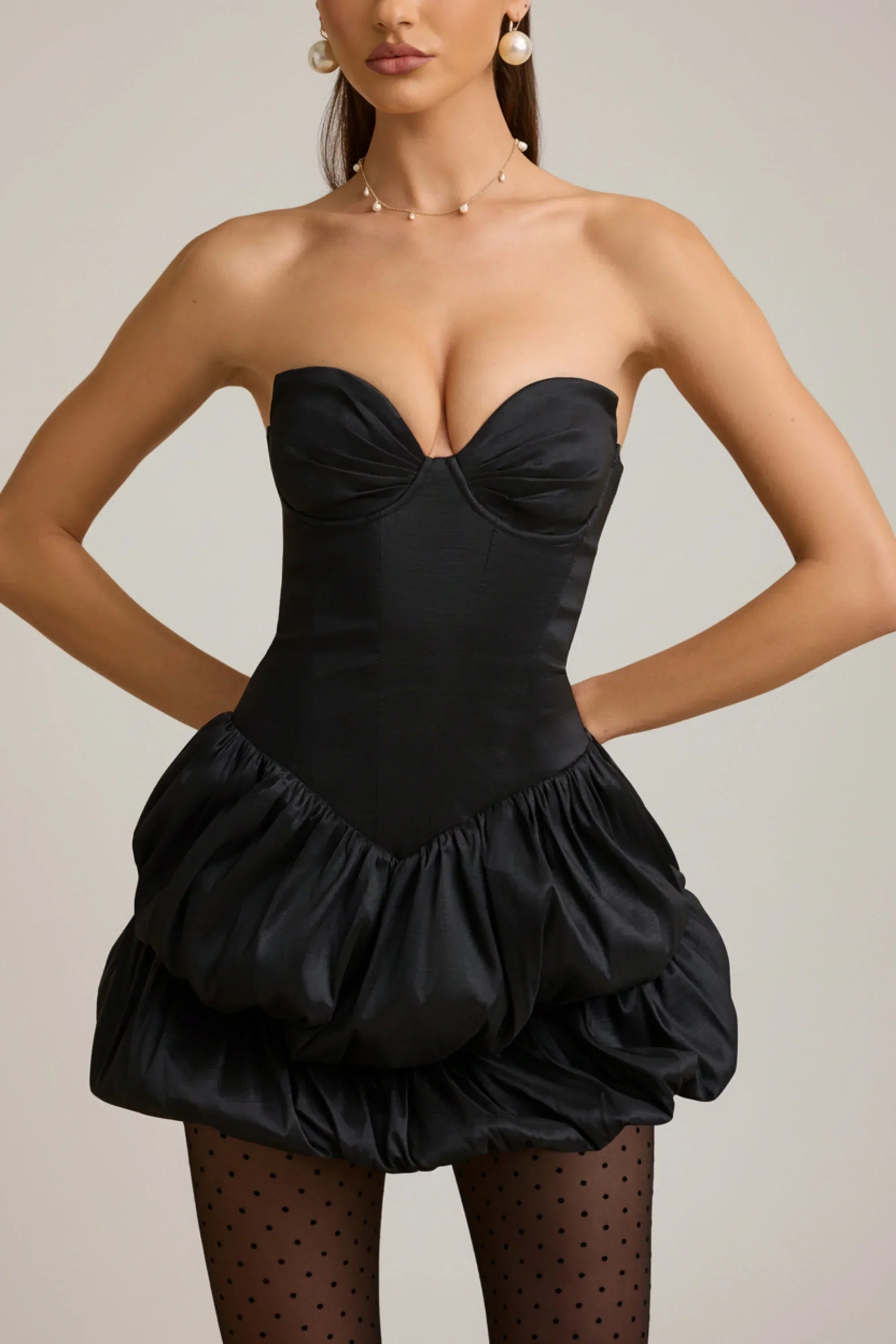 Satin Bubble Hem Corset Mini Dress in Black