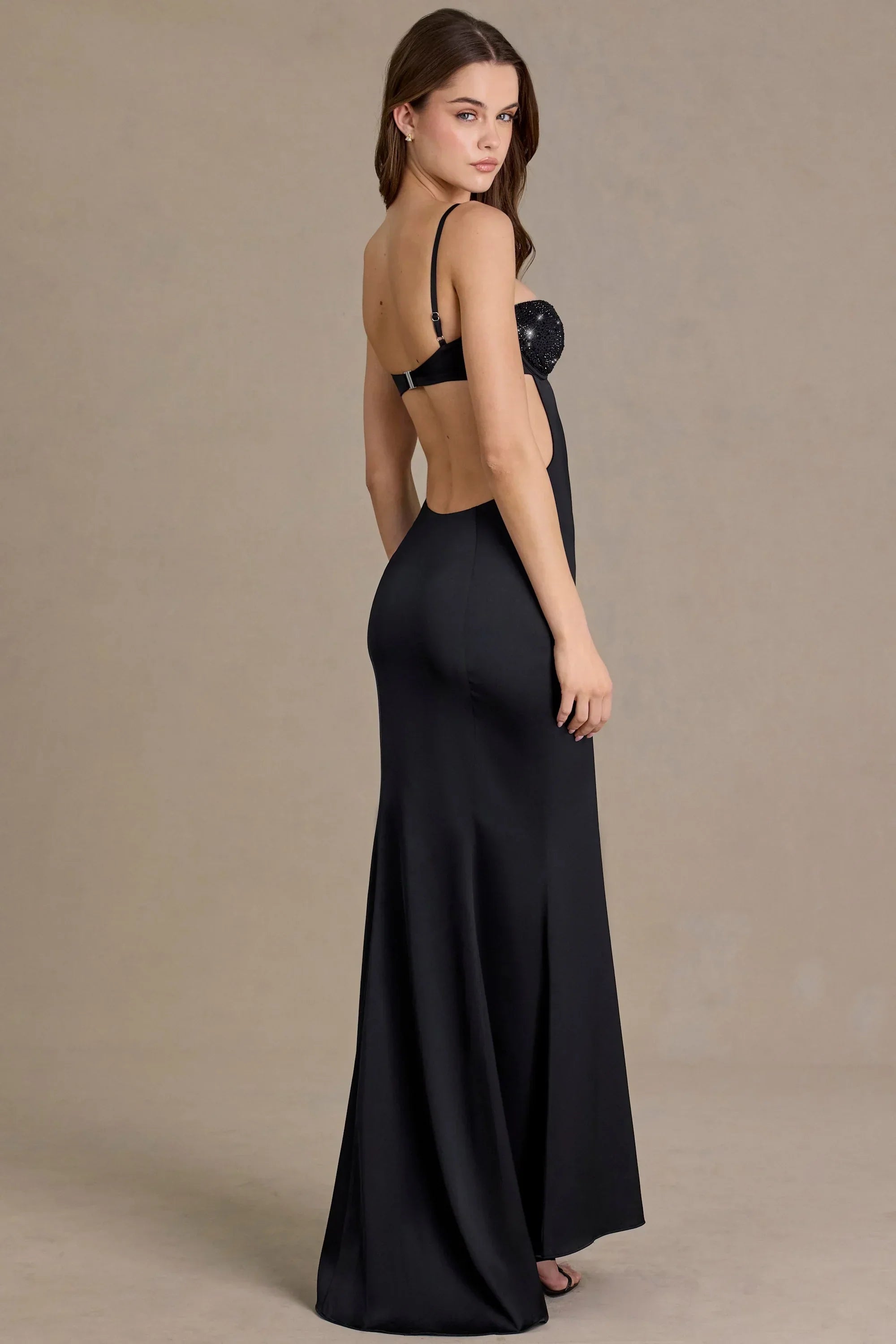 Satin Embellished Bralette Gown in Black