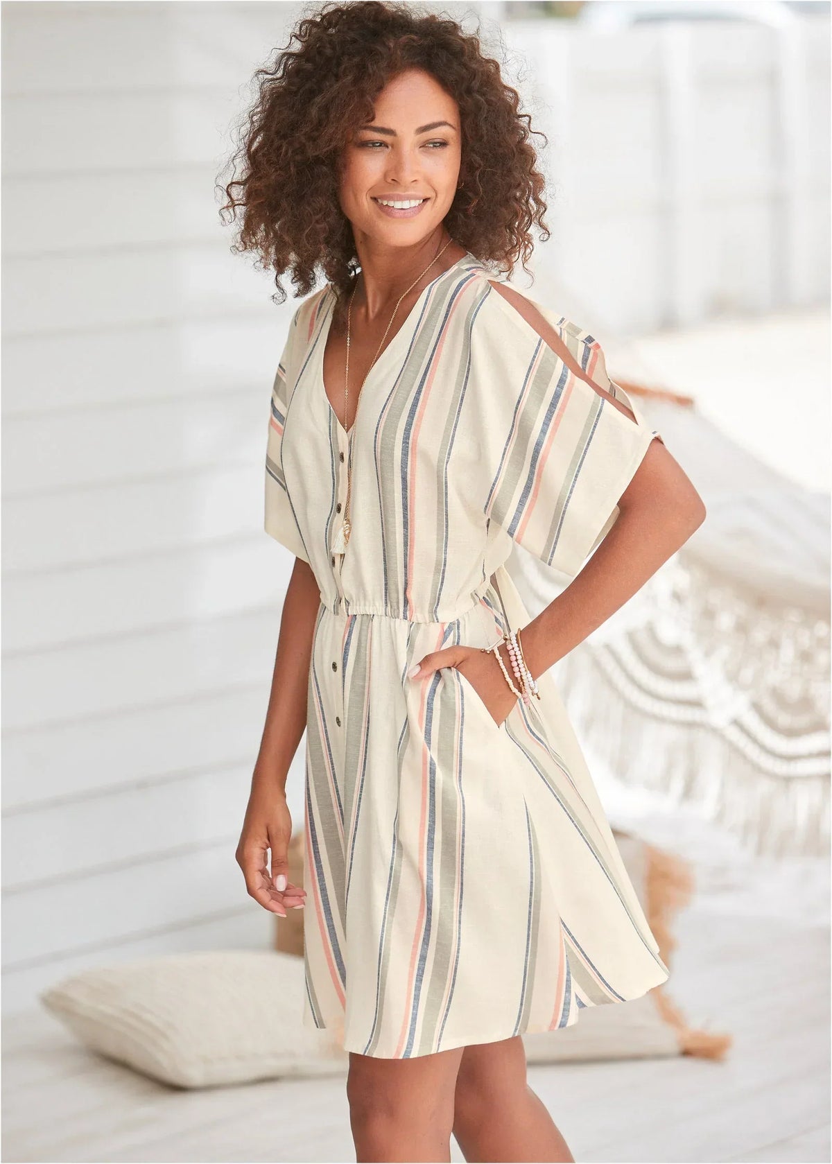 Button Cold Shoulder Dress White Multi