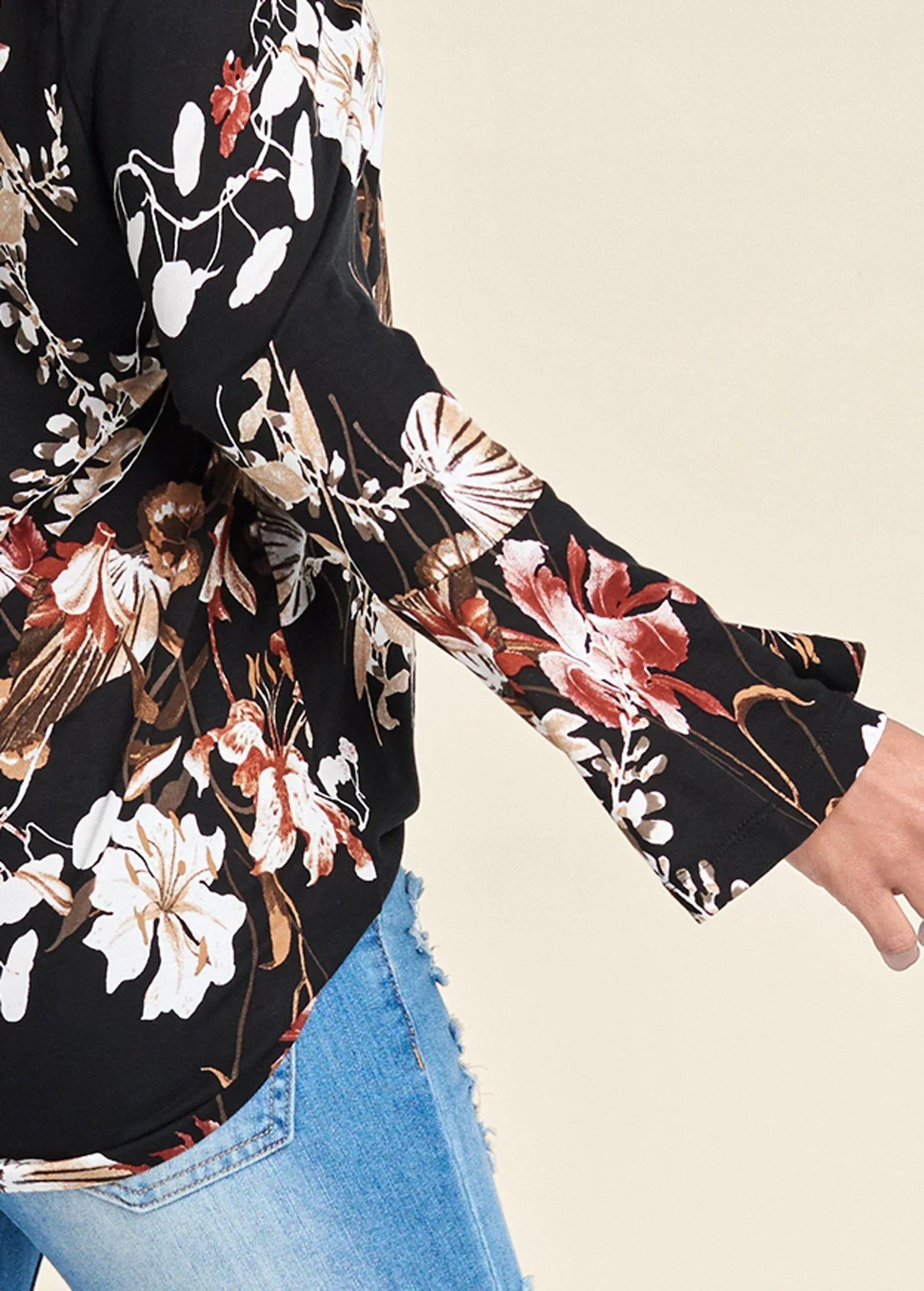 Bell Sleeve Printed Top Black Multi