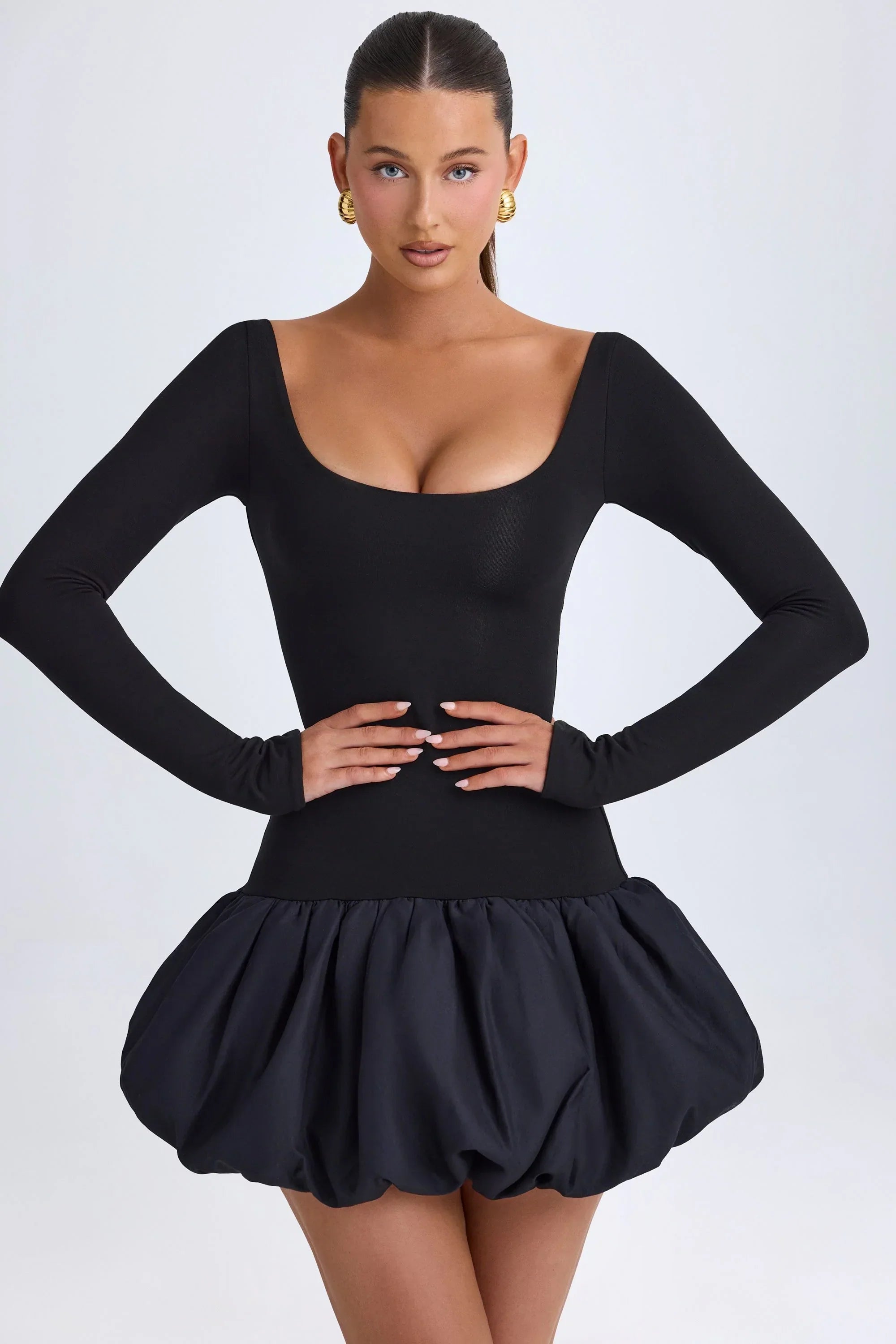 Modal Scoop Neck Drop Waist Bubble Hem Mini Dress in Black