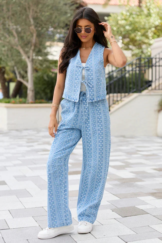 Maeve Blue And White Floral Printed Chambray Vest SALE