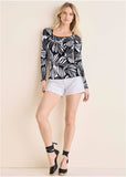 Asymmetric Neck Top Black Contrast Bold Leaves