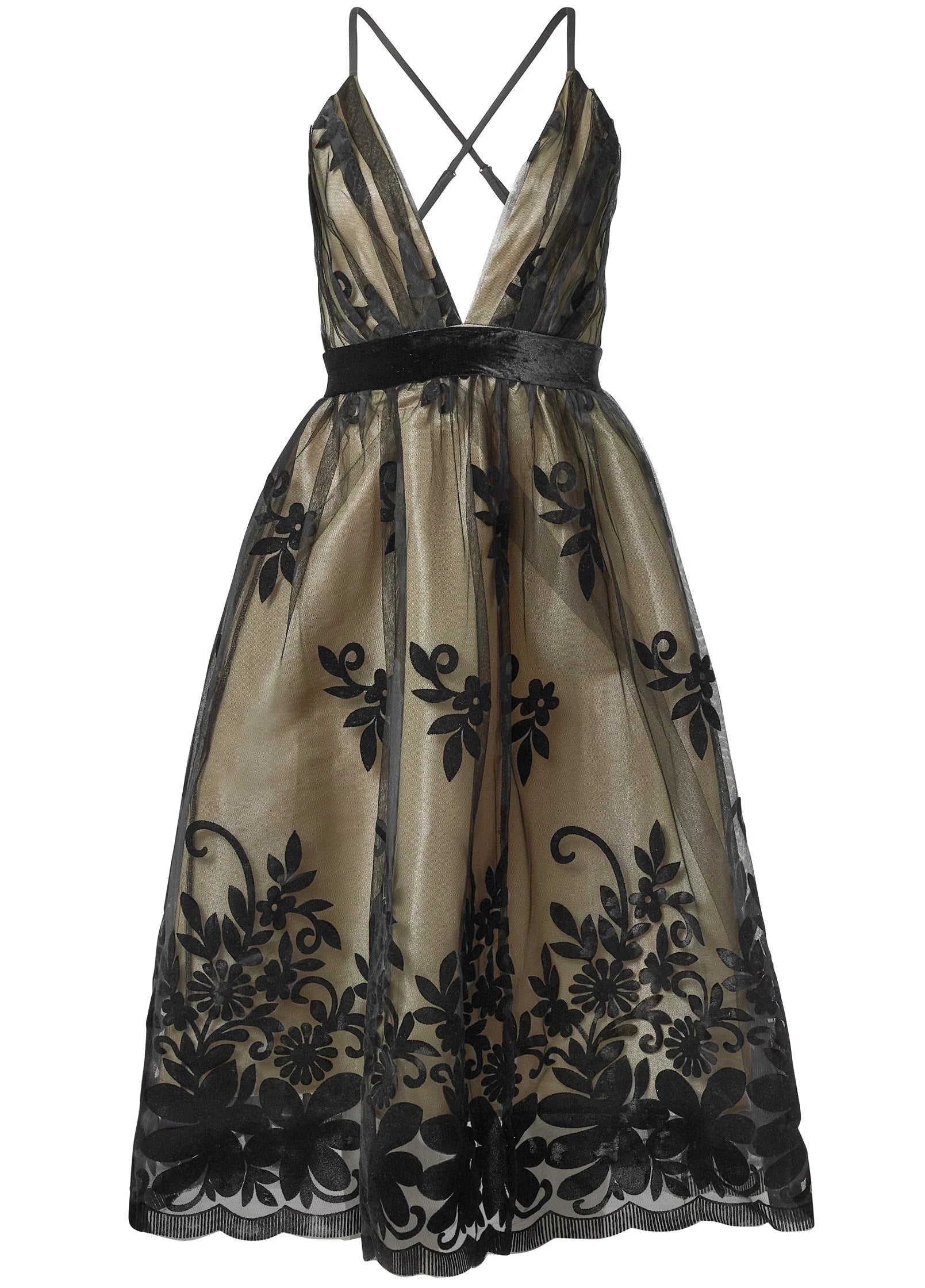 Velvet Floral Midi Dress Black Nude