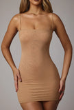 Soft Sheer Mesh Bandeau Mini Slip Dress in Almond