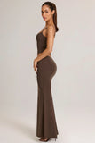 Modal Mid Rise Fishtail Maxi Skirt in Chocolate Brown