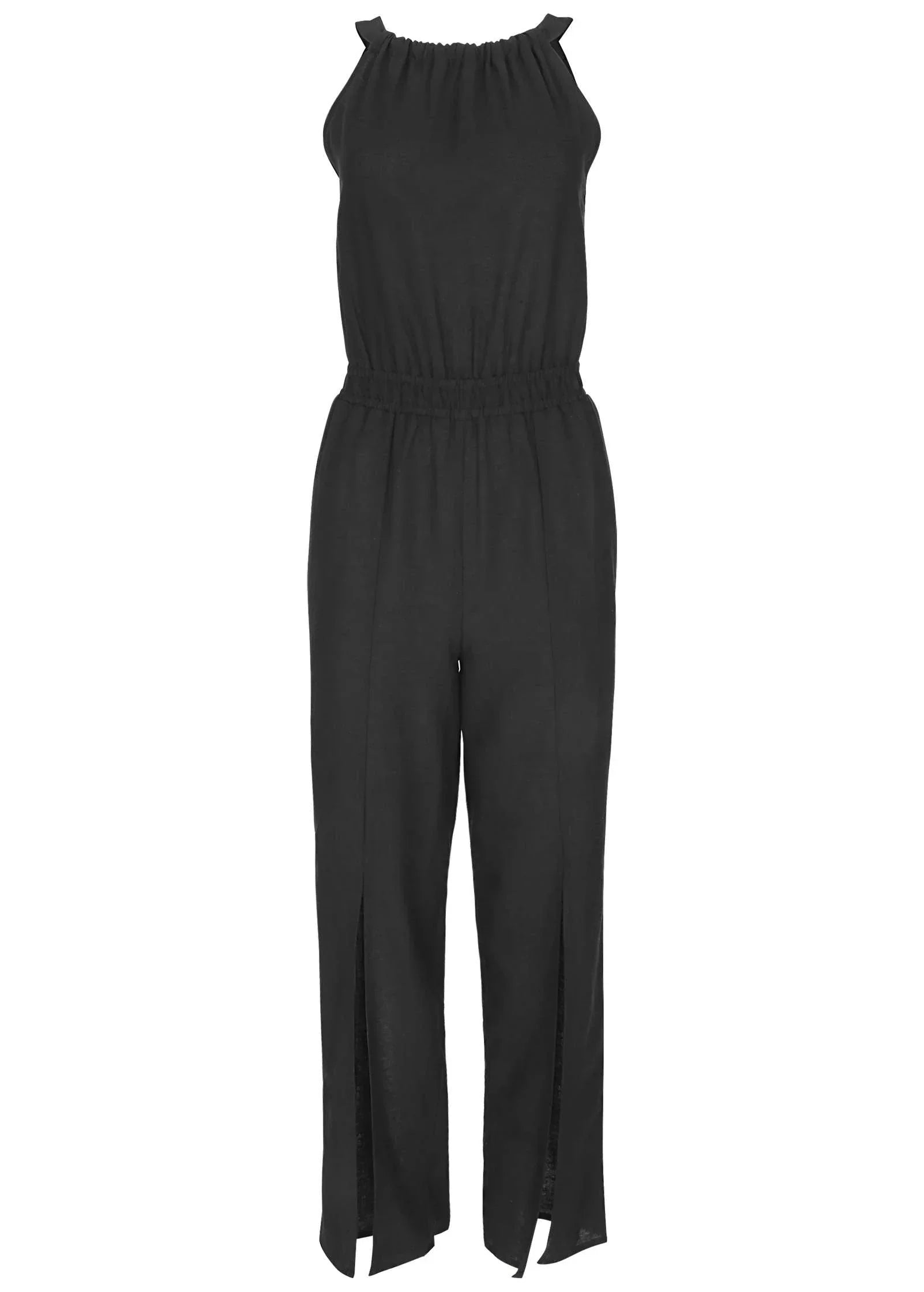 Linen Front Slit Jumpsuit Jet Black