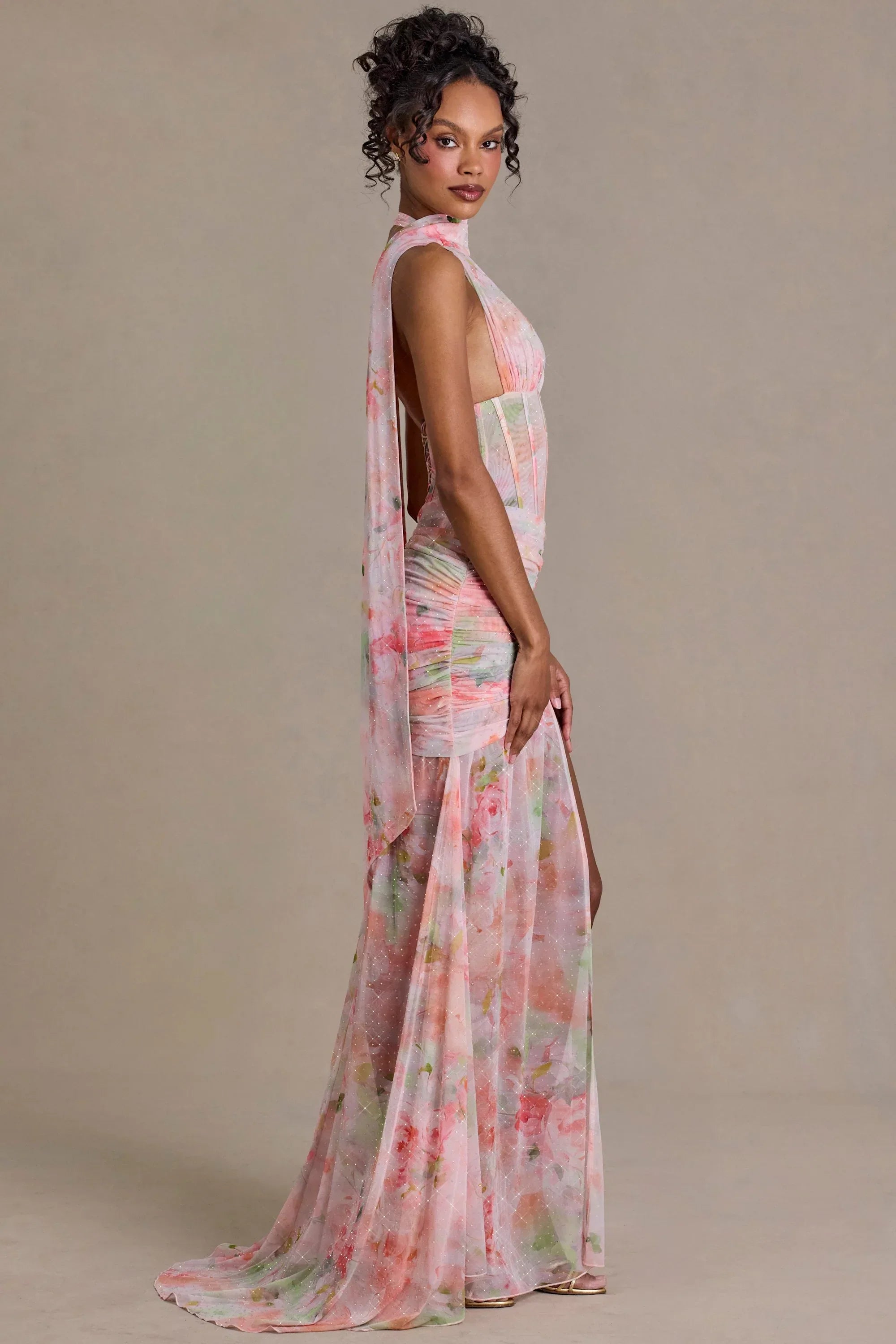 Embellished Scarf Detail Maxi Dress in Pink Floral Print