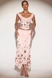 Embellished Mid Rise Hanky Hem Midaxi Skirt in Pink