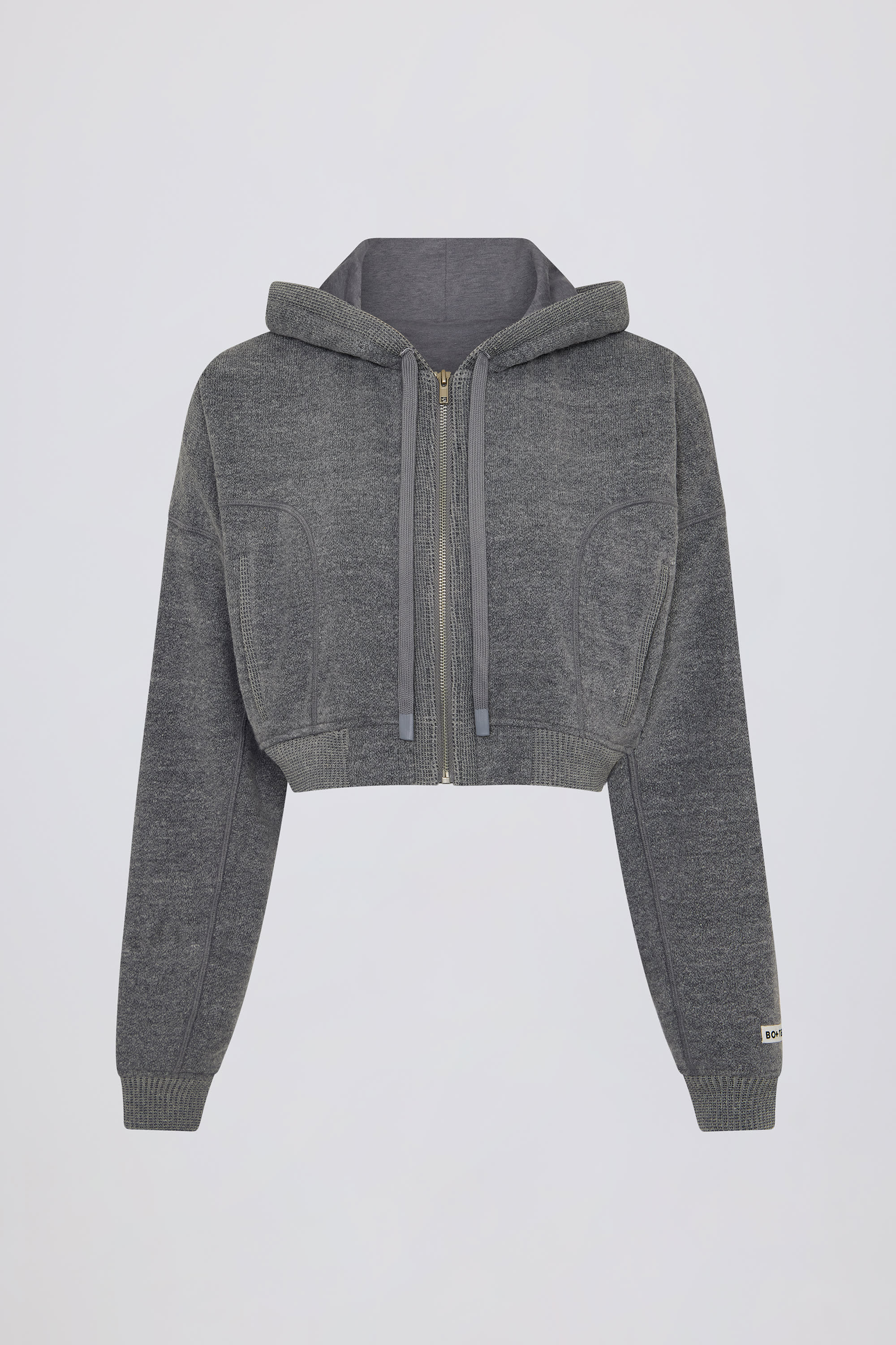Terry Cotton Zip Up Cropped Hoodie in Dark Grey