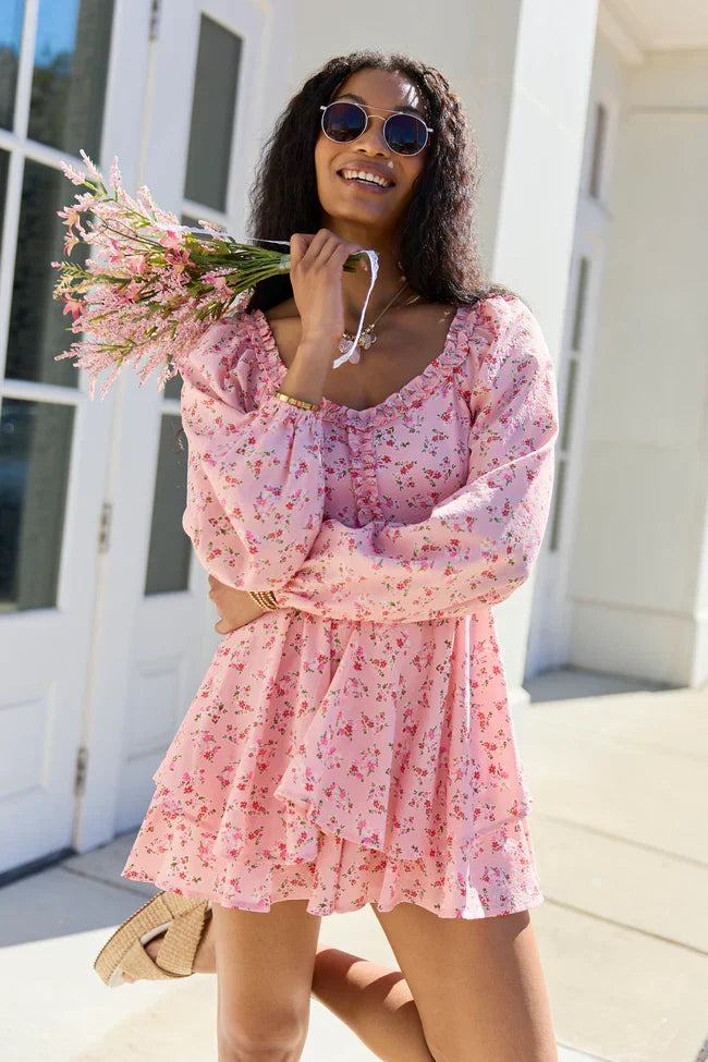 Farah Pink Floral Ruffle Trim Romper