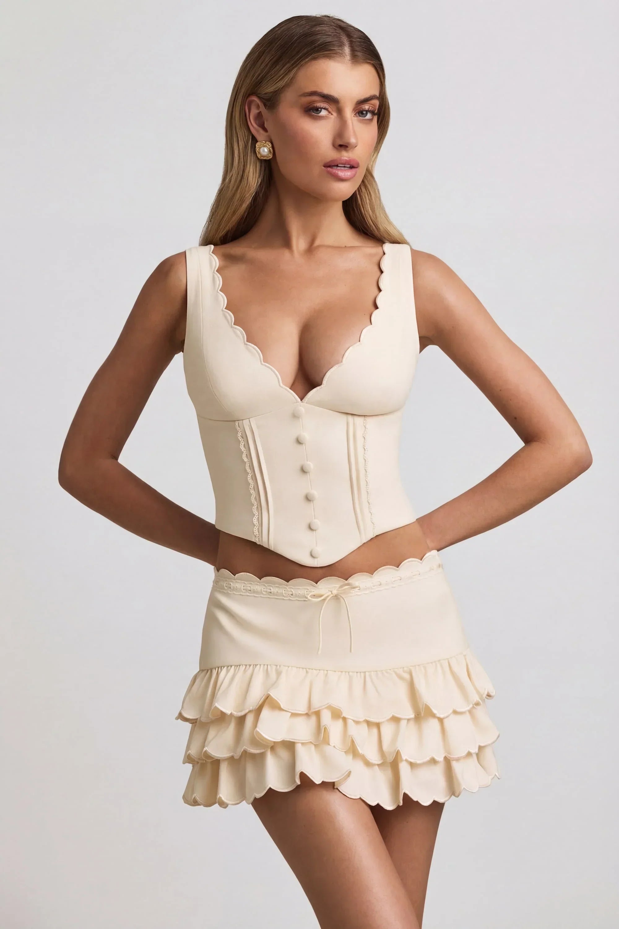 Layered Ruffled Low Rise Mini Skirt in Ivory