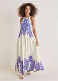 Printed Linen Maxi Dress Purple Paisley Border