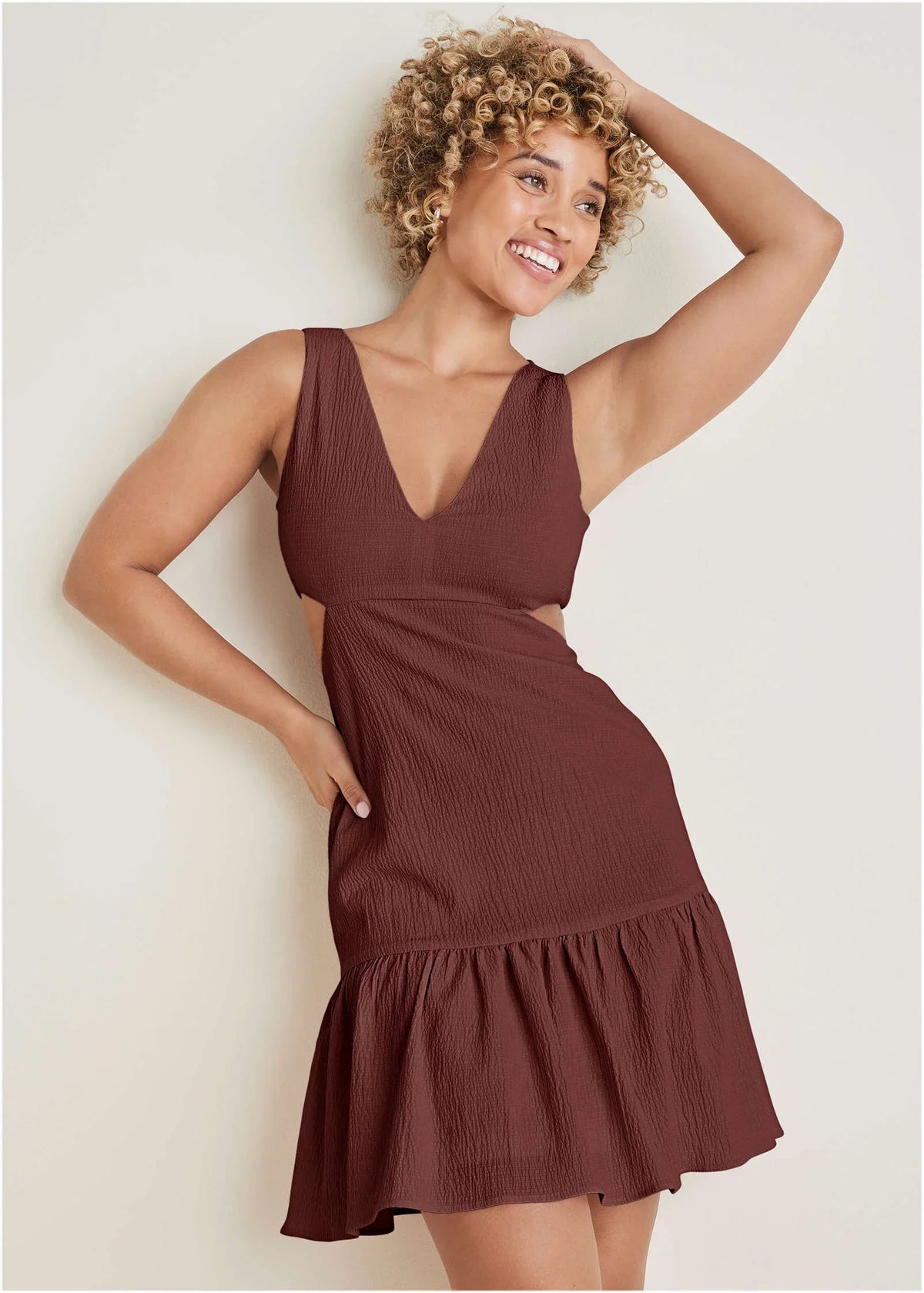 Fluted Satin Mini Dress Auburn
