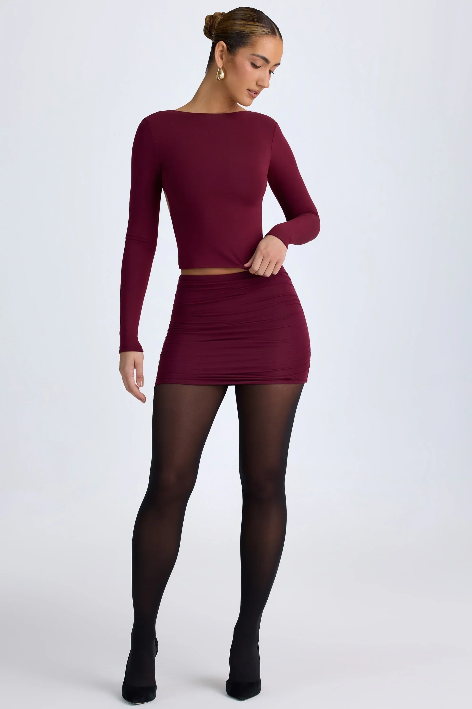 Modal High Neck Long Sleeve Open Back Top in Wine Red