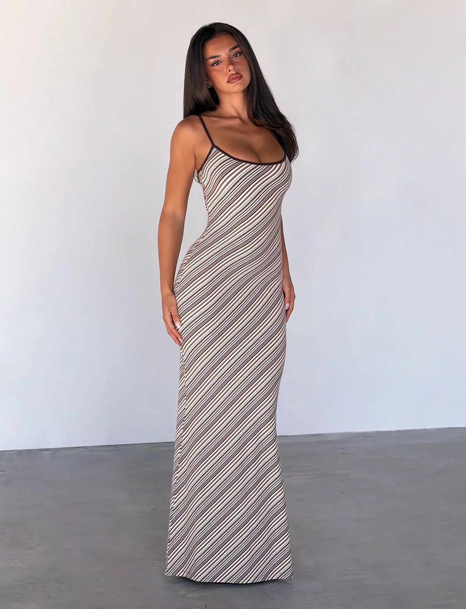 SLOANE MAXI DRESS TAN AND CHOC STRIPE
