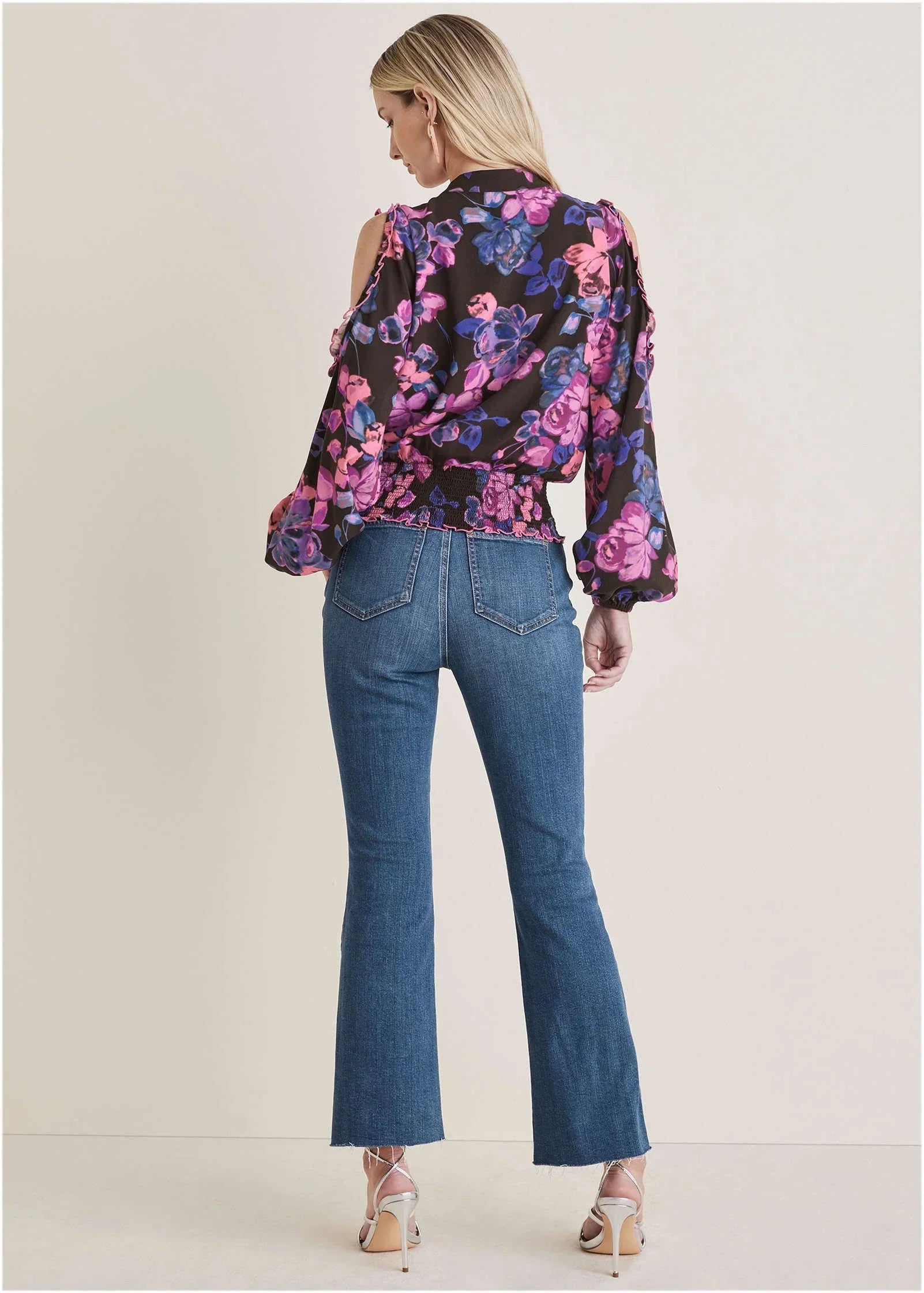 Ruffle Cold Shoulder Blouse Electric Bouquet