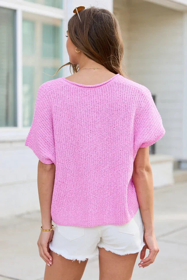 Alana Pink Open Knit Short Sleeve Sweater