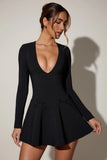 Bow Detail Plunge Neck A Line Mini Dress in Black