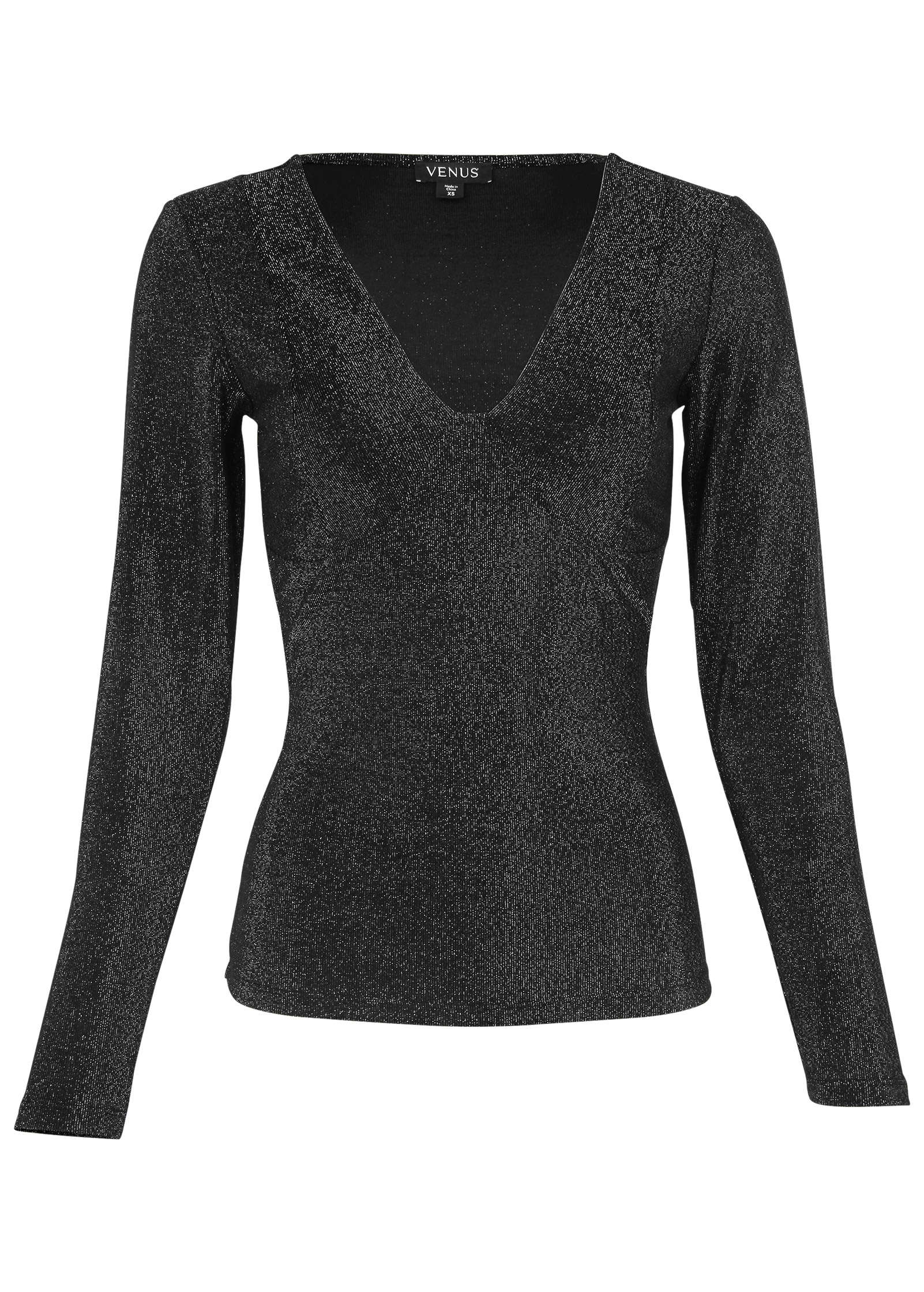 Glitter Knit V Neck Top Jet Black Glitter Knit