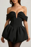 Off Shoulder Layered Bubble Hem Corset Mini Dress in Black