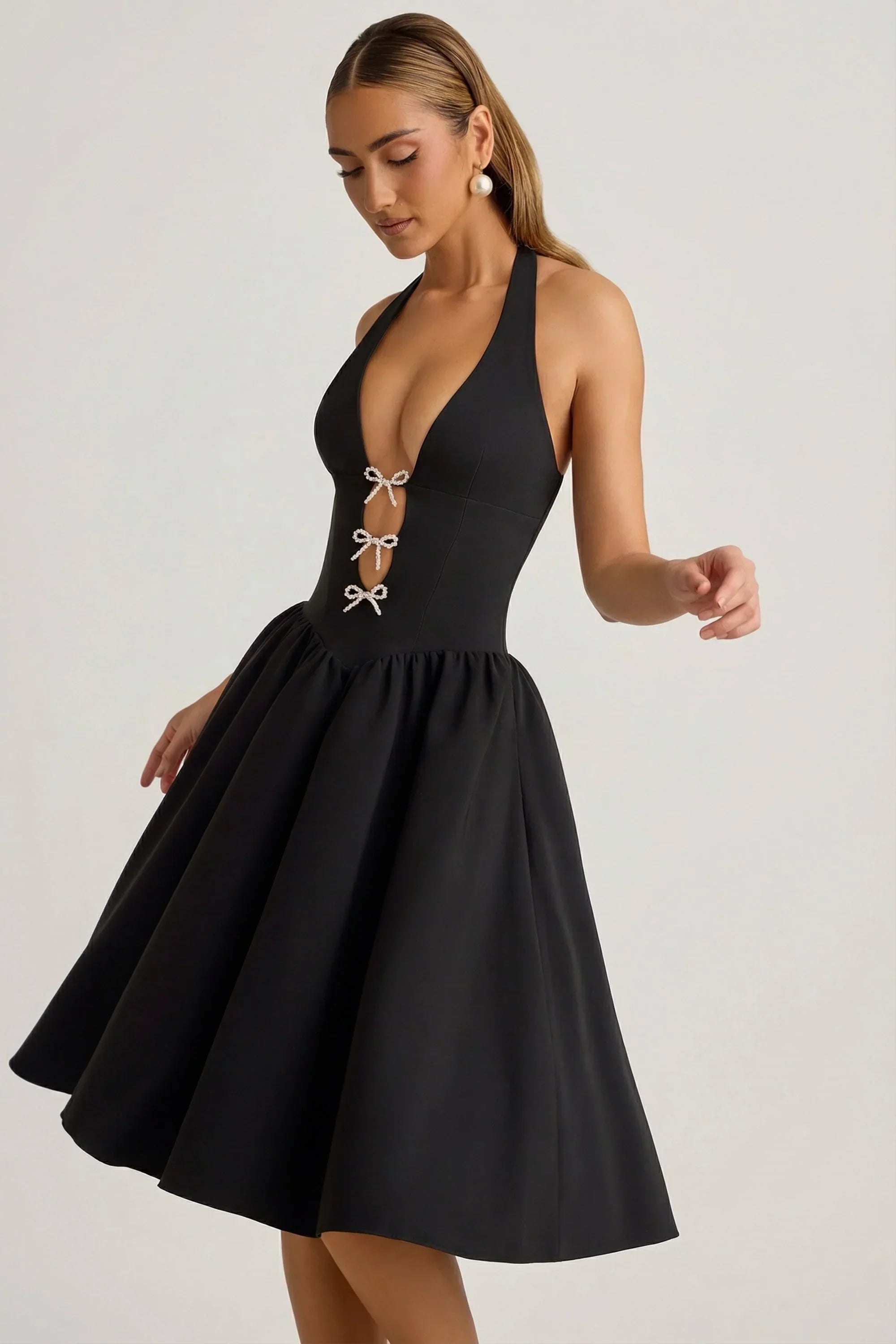 Halterneck Bow Detail Midi Dress in Black