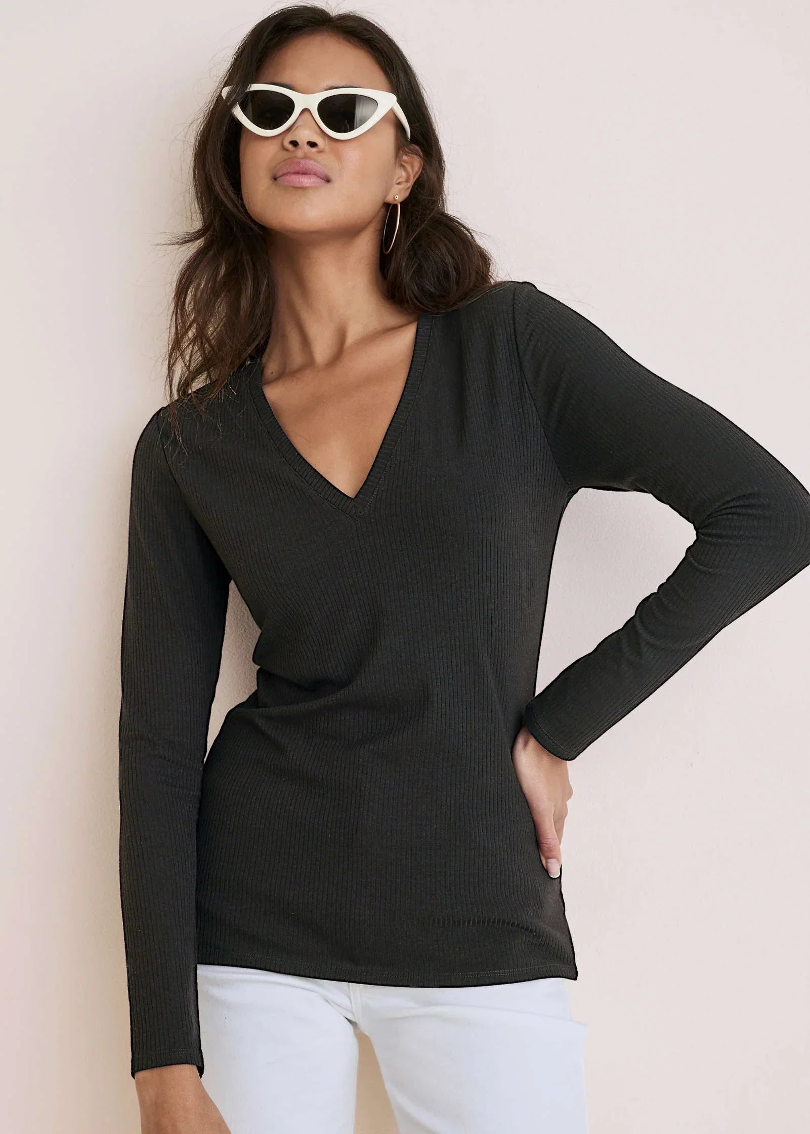 Ribbed Long Sleeve V Neck Black