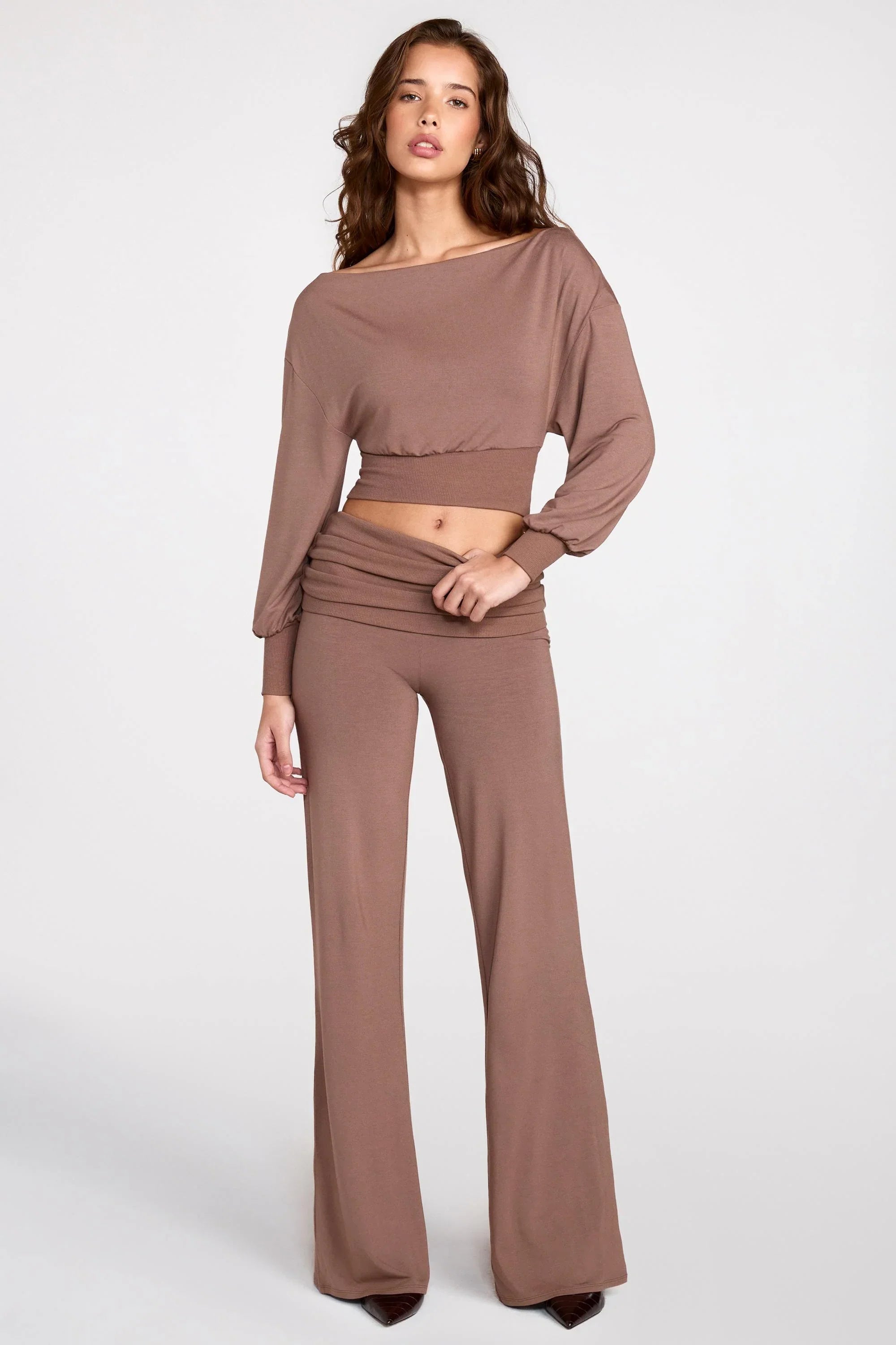 Modal Low Rise Straight Leg Trousers in Mocha