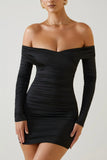 Off Shoulder Ruched Bodycon Mini Dress in Black