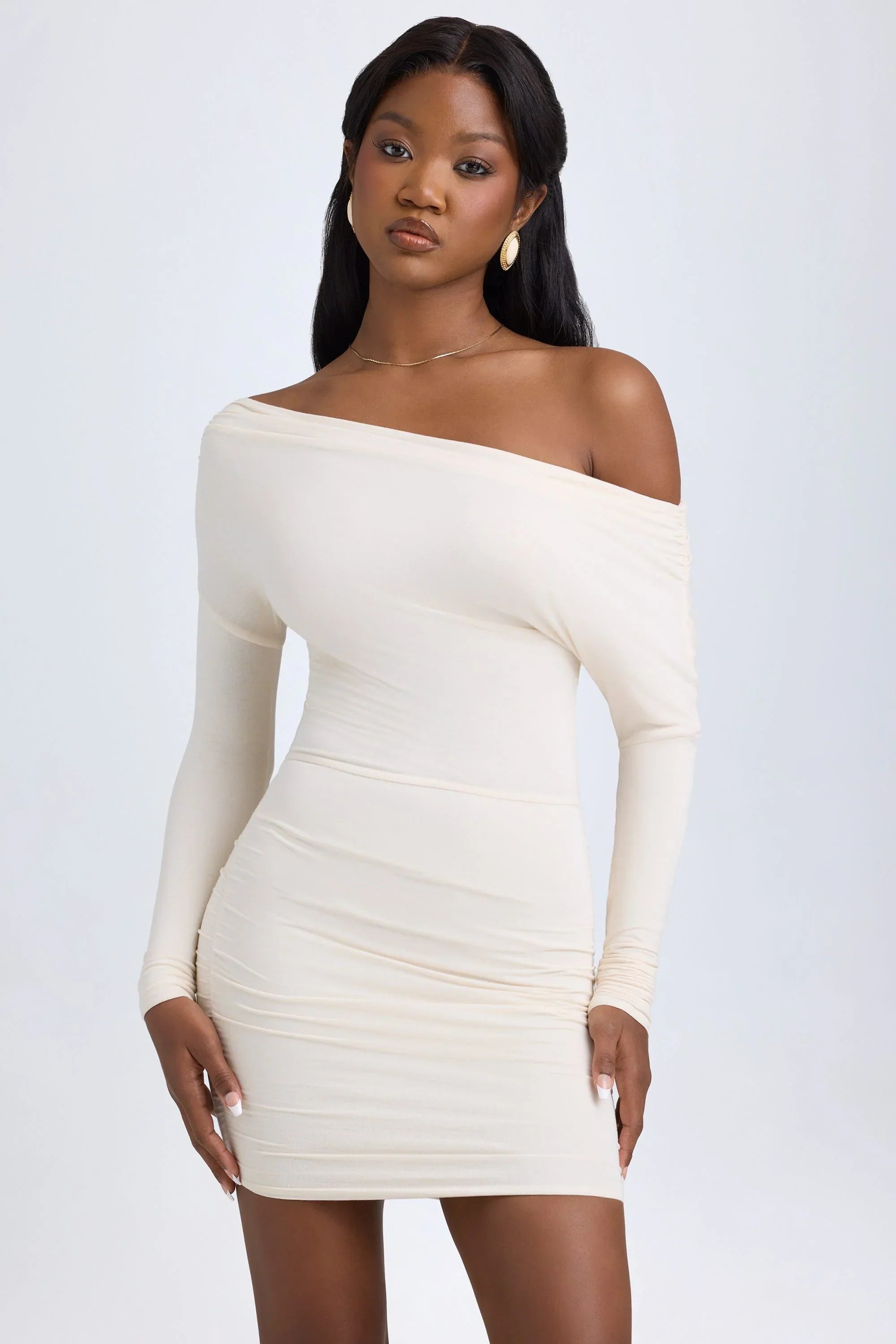 Modal Off Shoulder Ruched Mini Dress in Ivory