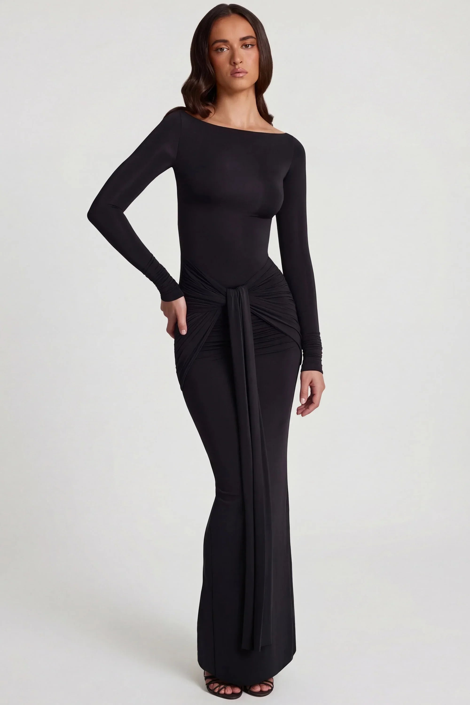 Soft Jersey Boat Neck Tie Gather Maxi Dress in Black