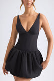 Lace Up Bubble Hem Corset Micro Mini Dress in Black