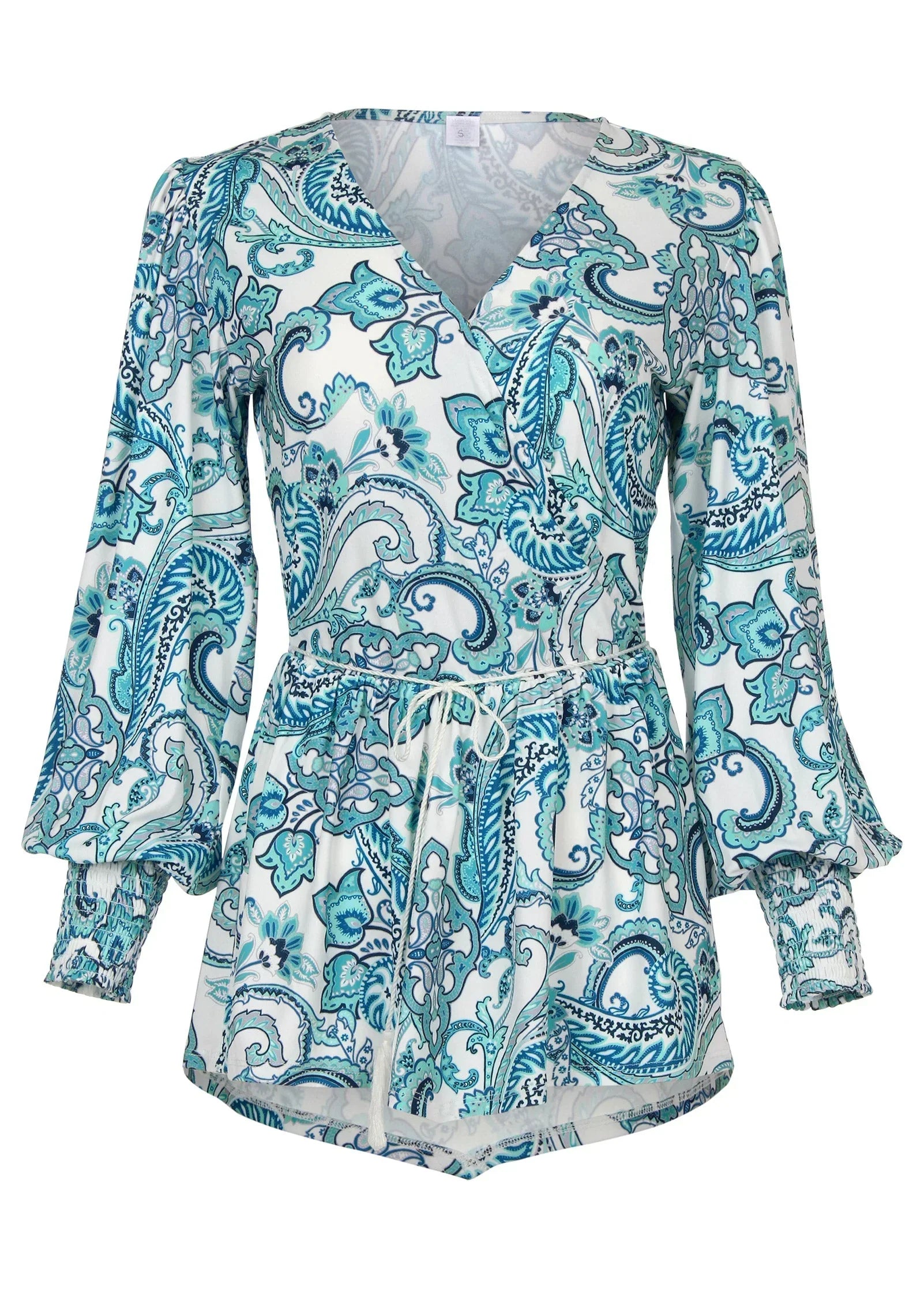 Balloon Sleeve Wrap Front Top Blue Paisley With Border
