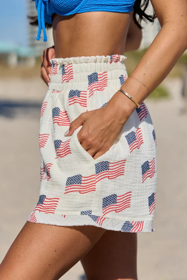 Ready For A Change Cream Flag Print Gauze Shorts