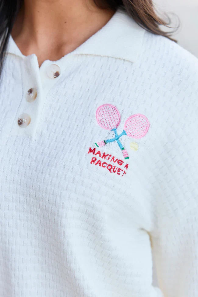 Making A Racquet Ivory Embroidered Pullover