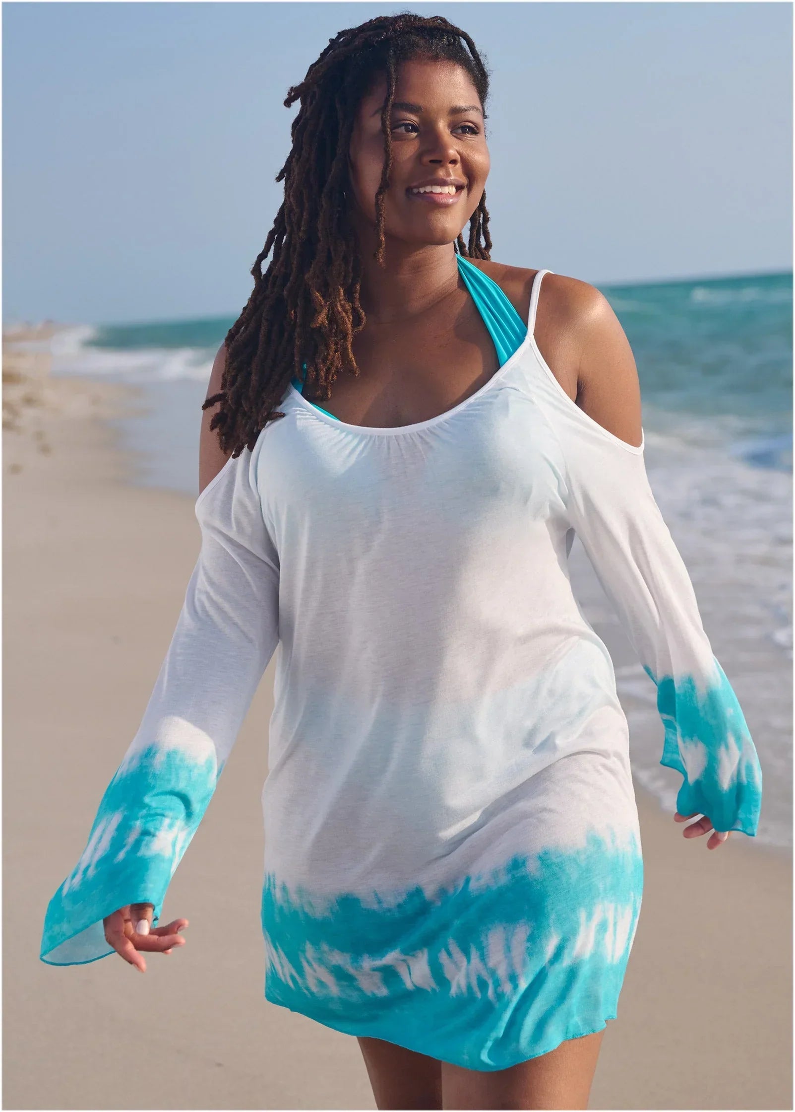 Cold Shoulder Cover Up Aqua White