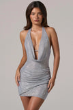Embellished Cowl Neck Low Back Mini Dress in Silver