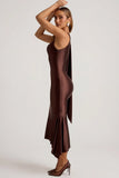 Asymmetric Scarf Detail Midaxi Dress in Chocolate Brown