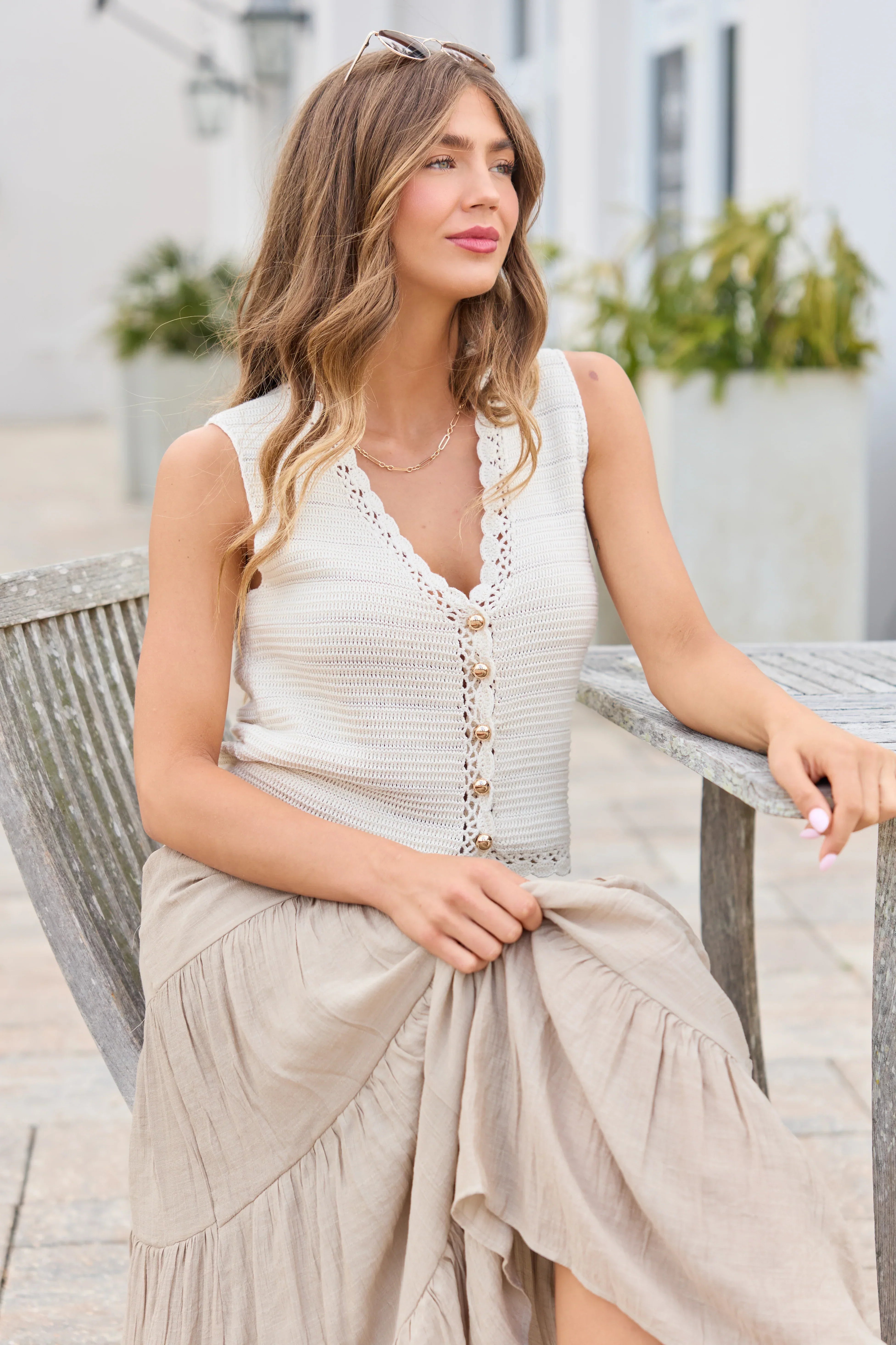 Waves Of Bliss Beige Crochet Sweater Tank Vest