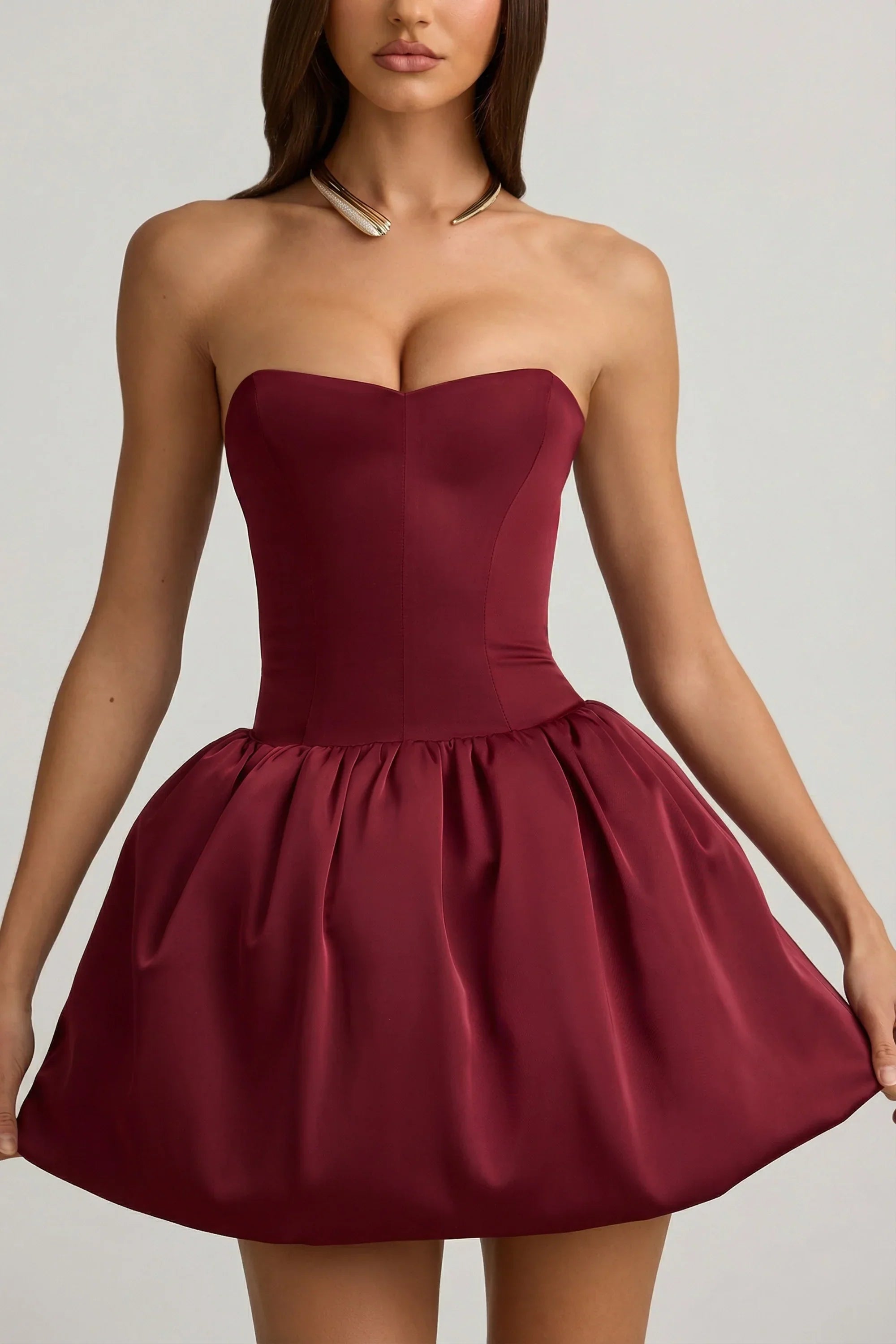 Convertible Bow Detail Bubble Hem Midaxi Dress in Wine Red