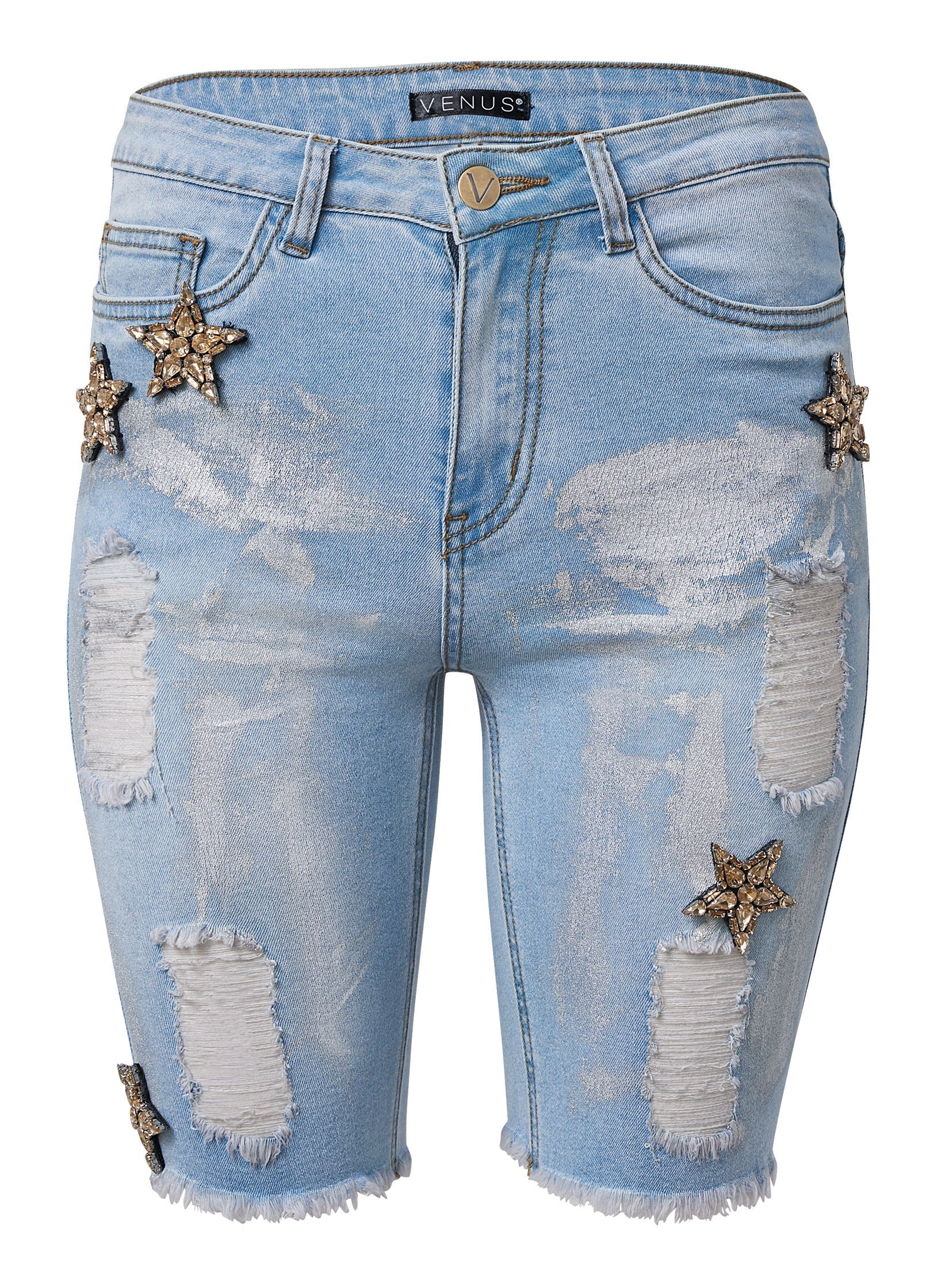 Mid Rise Star Shorts Light Wash