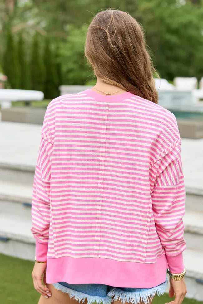 Kara Pink And White Stripe Waffle Pullover